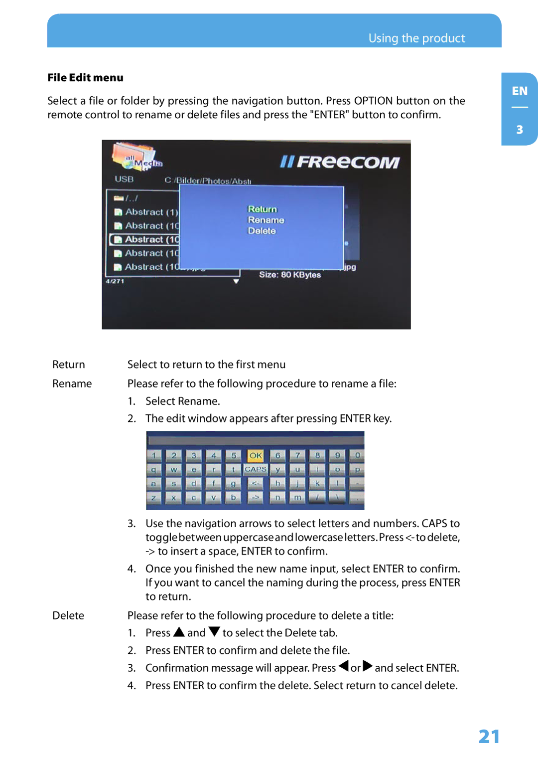 Freecom Technologies Media Player II user manual Using the product, File Edit menu 