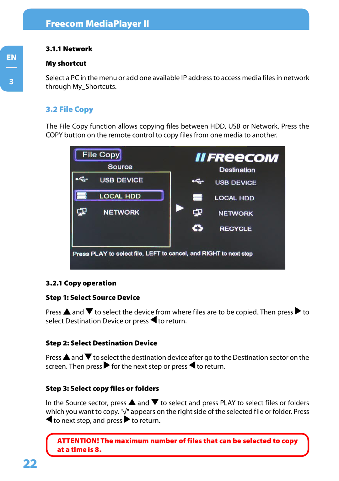 Freecom Technologies Media Player II user manual File Copy, Network My shortcut, Copy operation Select Source Device 