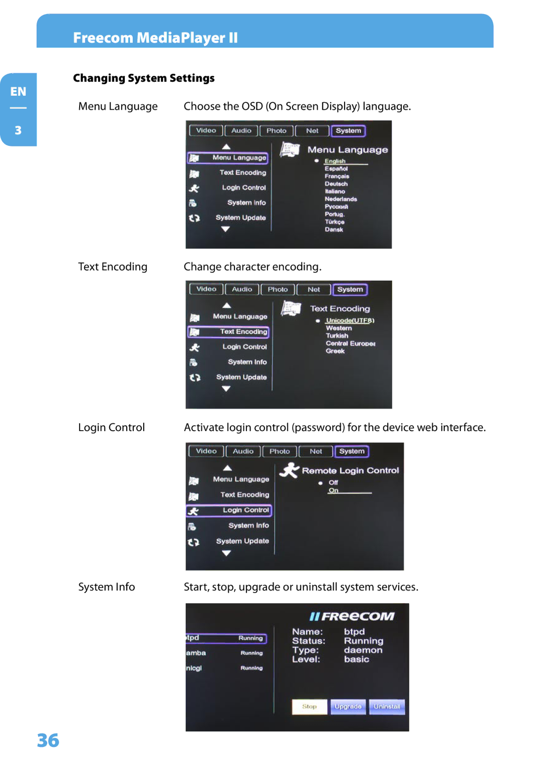 Freecom Technologies Media Player II user manual Changing System Settings 