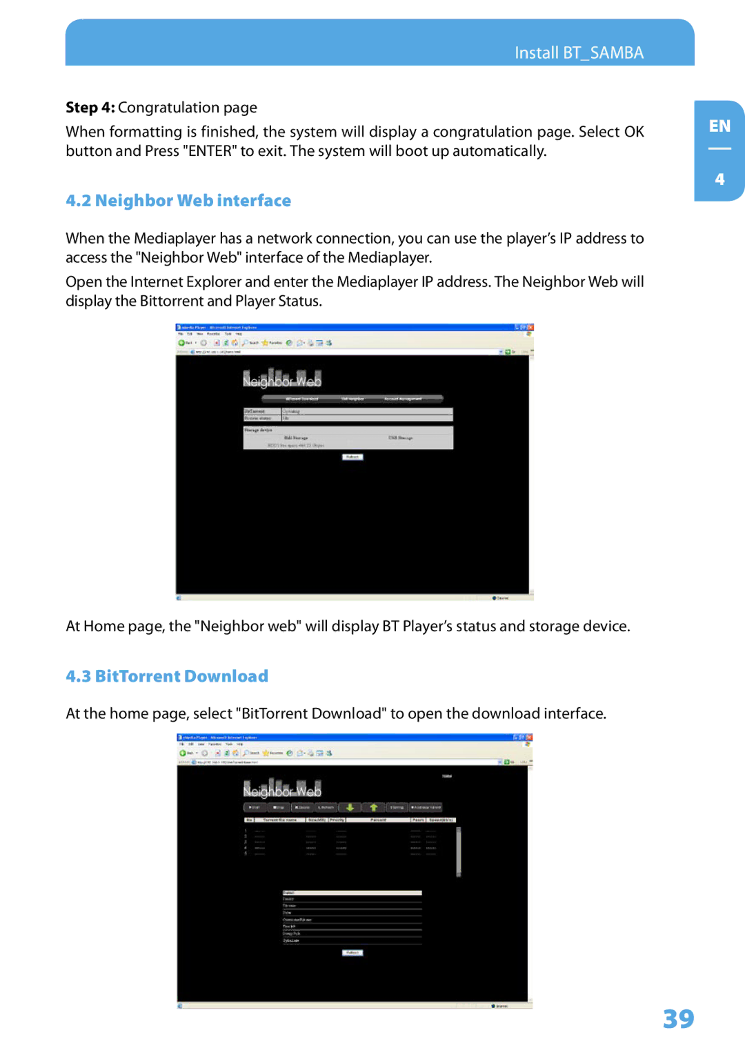 Freecom Technologies Media Player II user manual Neighbor Web interface, BitTorrent Download 