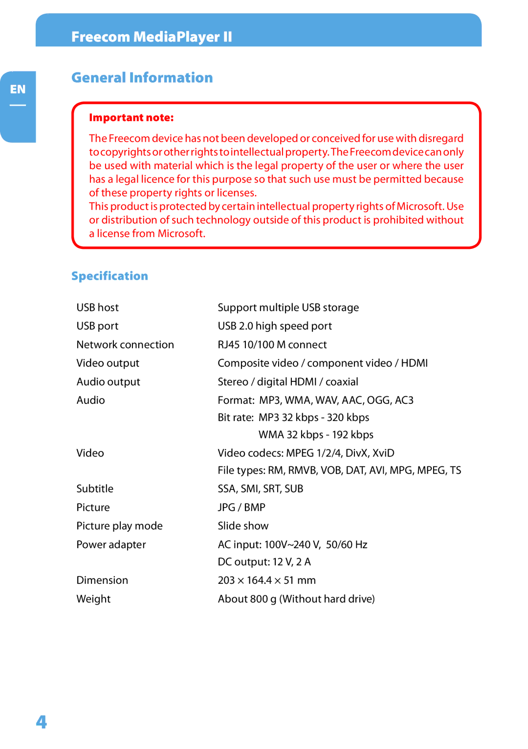 Freecom Technologies Media Player II user manual General Information, Specification 