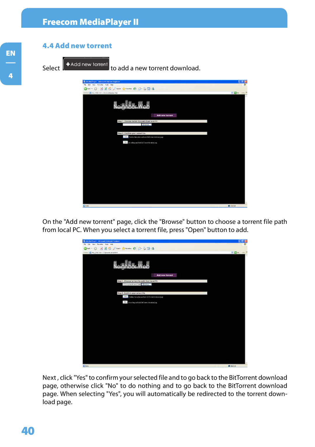 Freecom Technologies Media Player II user manual Add new torrent 