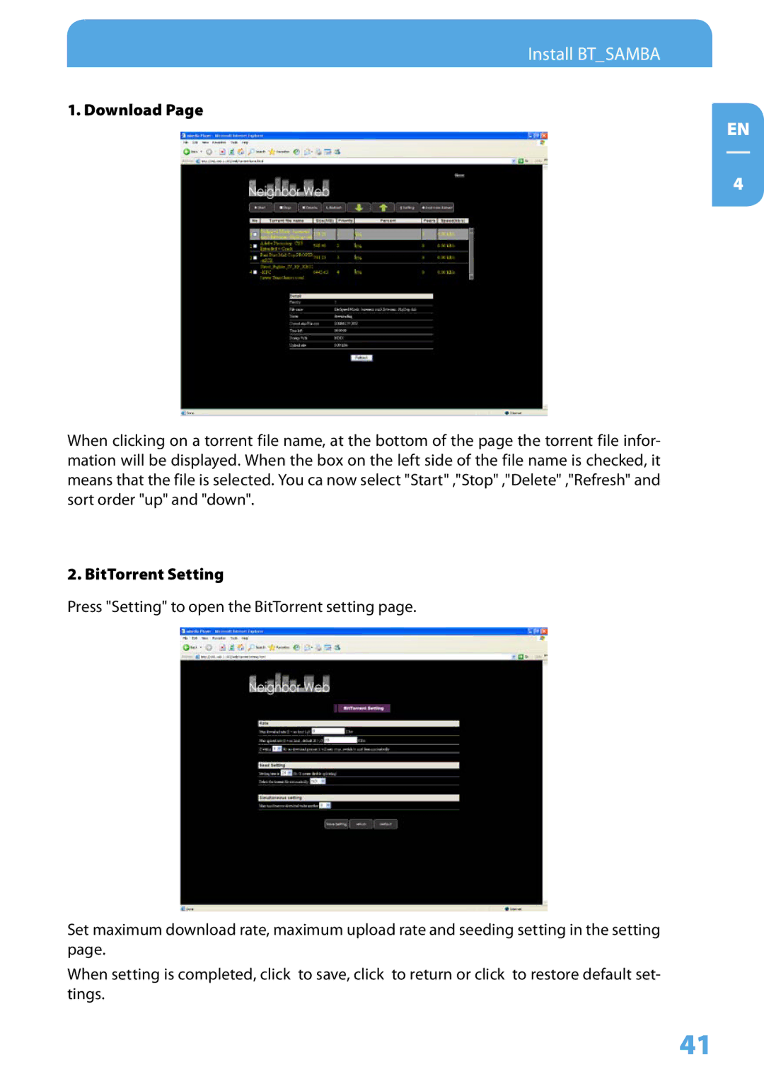 Freecom Technologies Media Player II user manual Download, BitTorrent Setting 