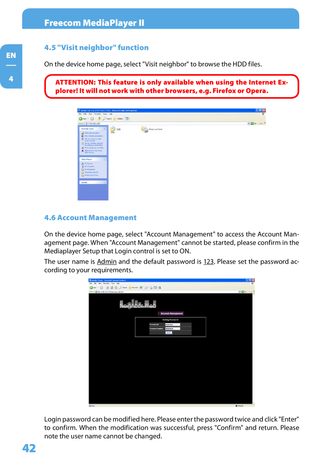 Freecom Technologies Media Player II user manual Visit neighbor function, Account Management 