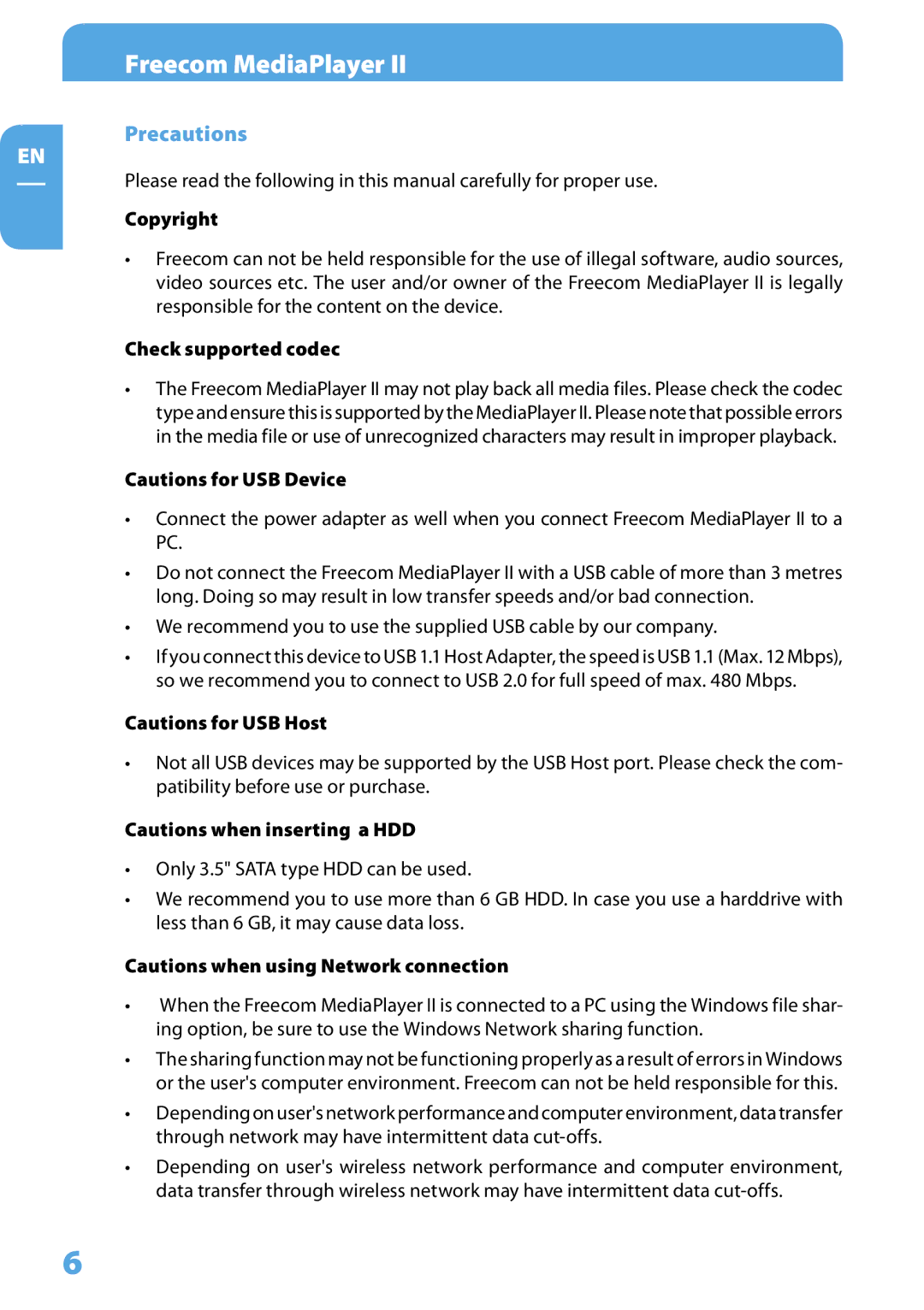 Freecom Technologies Media Player II user manual Precautions, Copyright, Check supported codec 