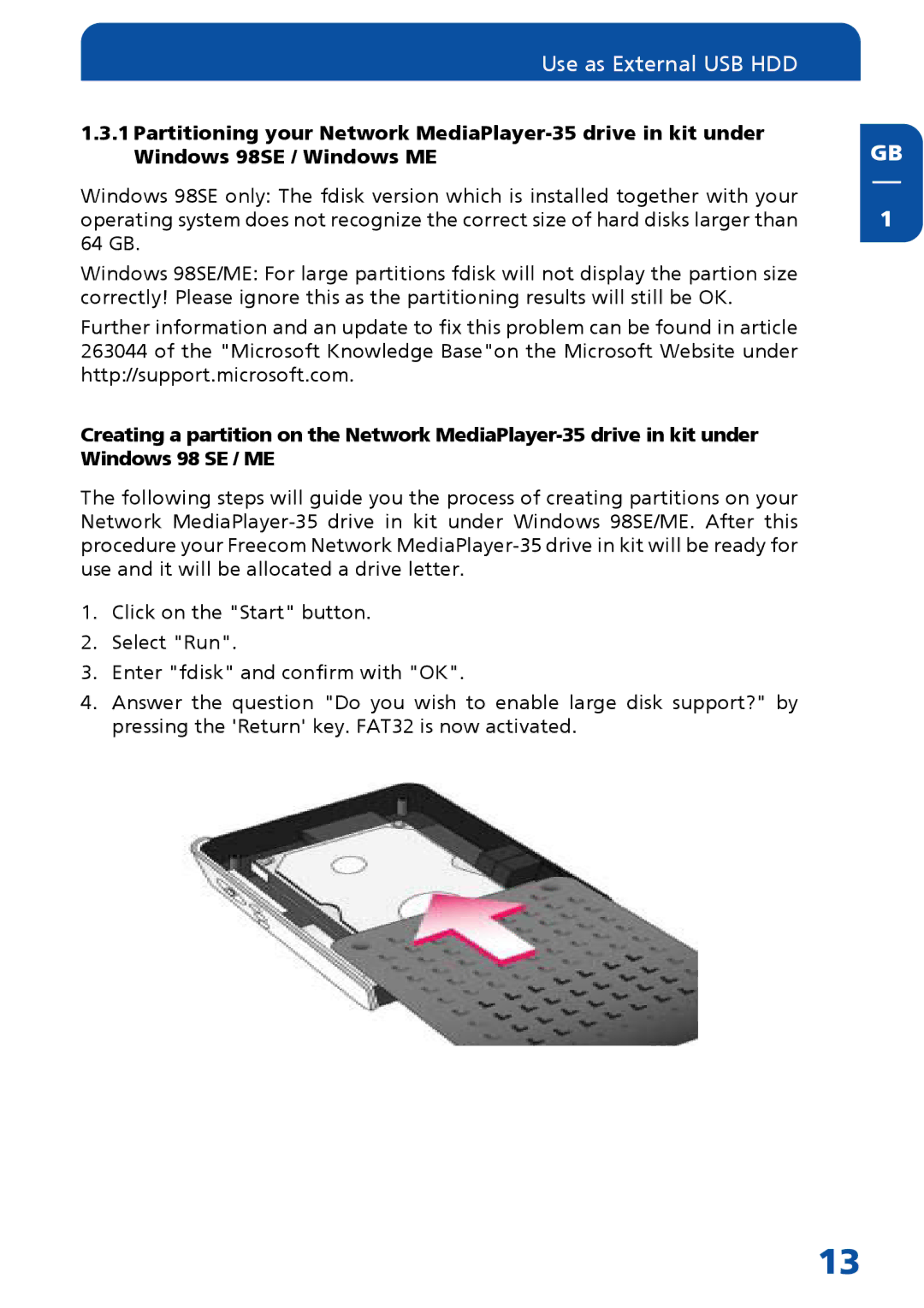 Freecom Technologies MediaPlayer Drive-In Kit manual Use as External USB HDD 