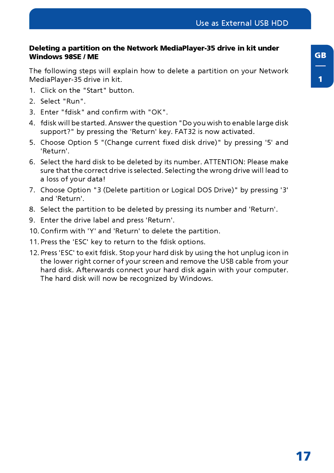 Freecom Technologies MediaPlayer Drive-In Kit manual Use as External USB HDD 