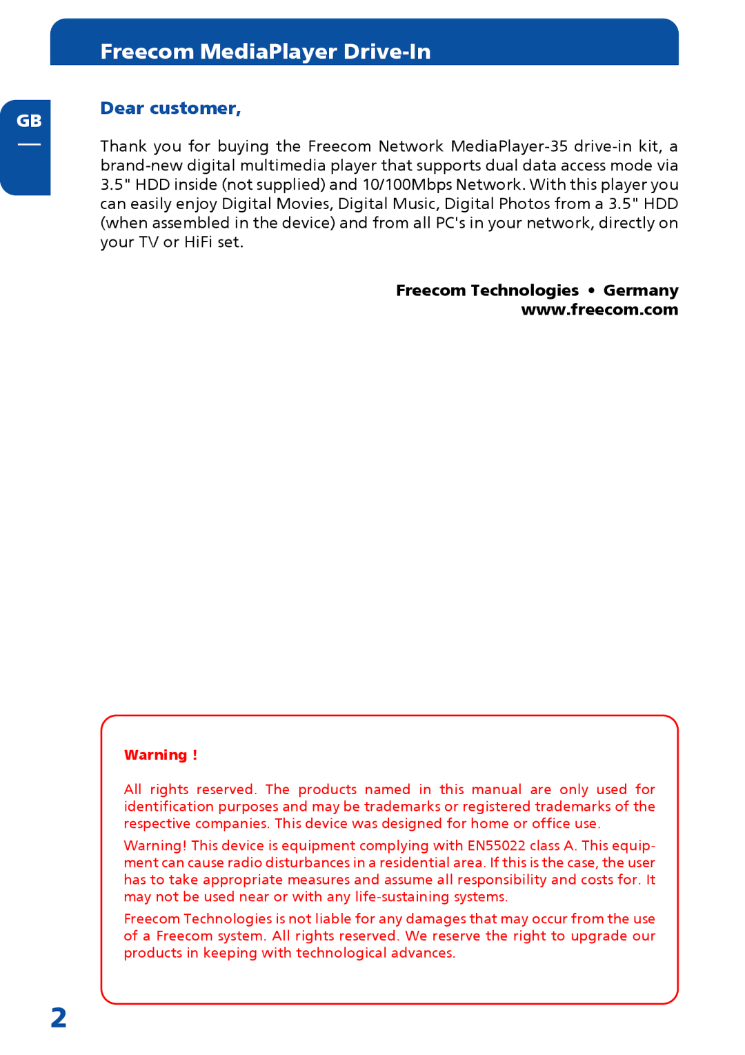 Freecom Technologies MediaPlayer Drive-In Kit manual Dear customer, Freecom Technologies Germany 