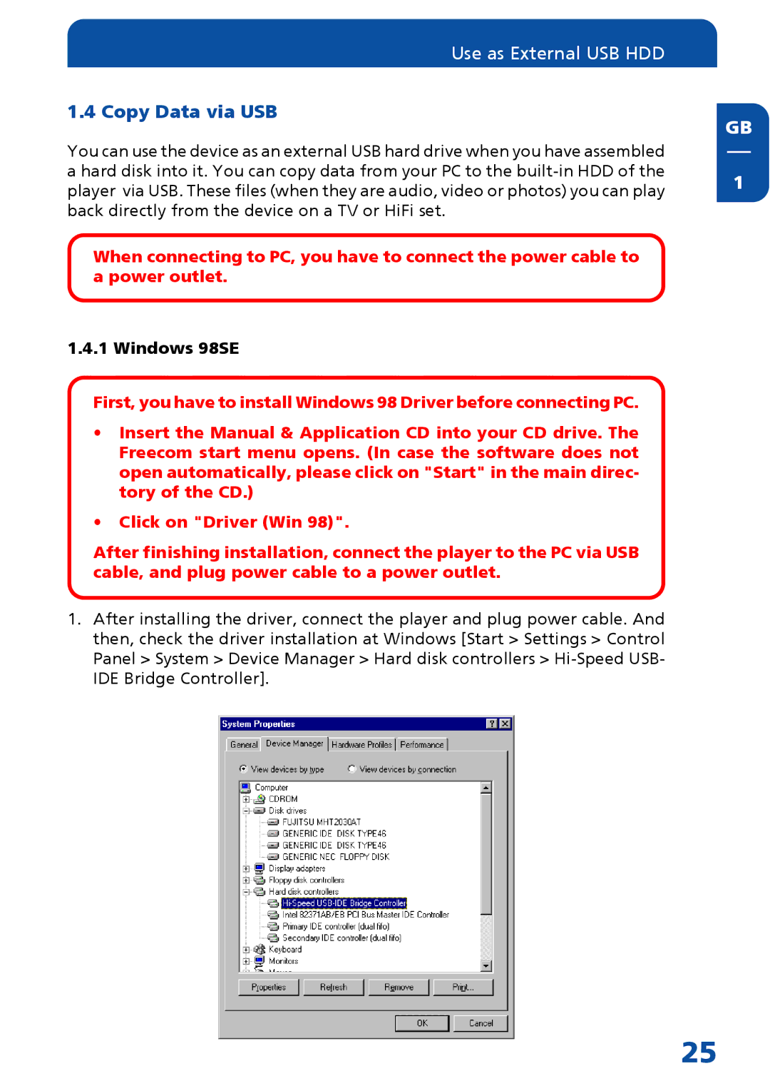 Freecom Technologies MediaPlayer Drive-In Kit manual Copy Data via USB, Windows 98SE 