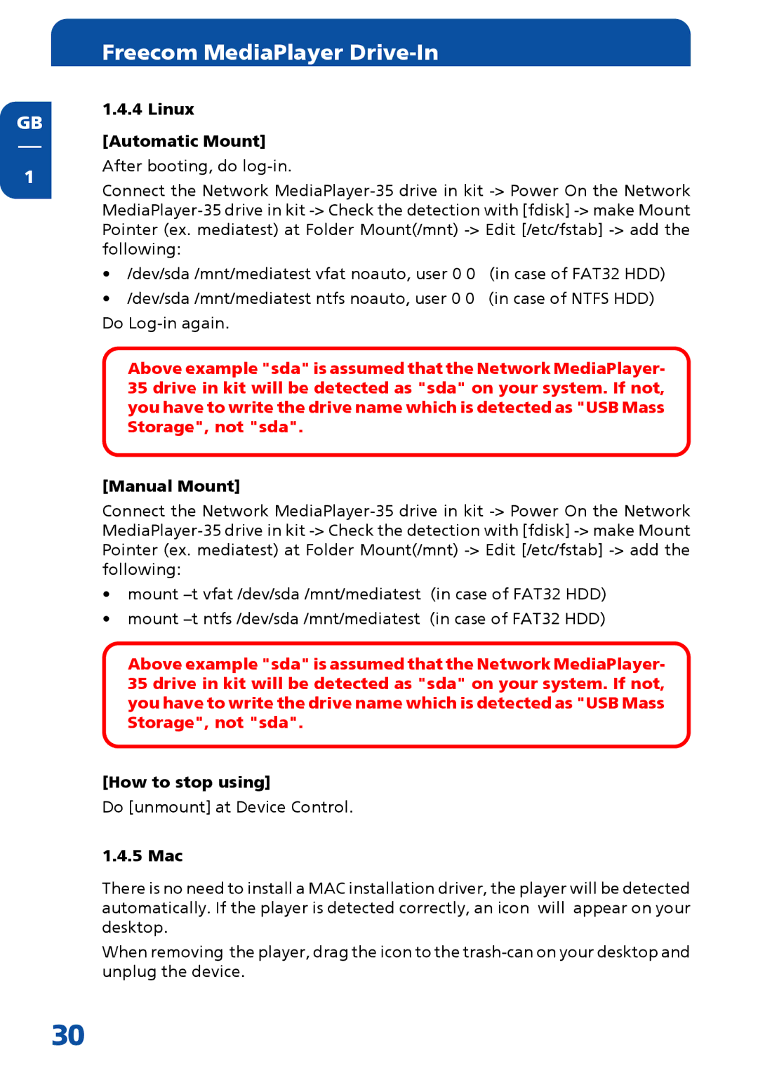 Freecom Technologies MediaPlayer Drive-In Kit manual Linux Automatic Mount, Manual Mount, How to stop using, 5 Mac 
