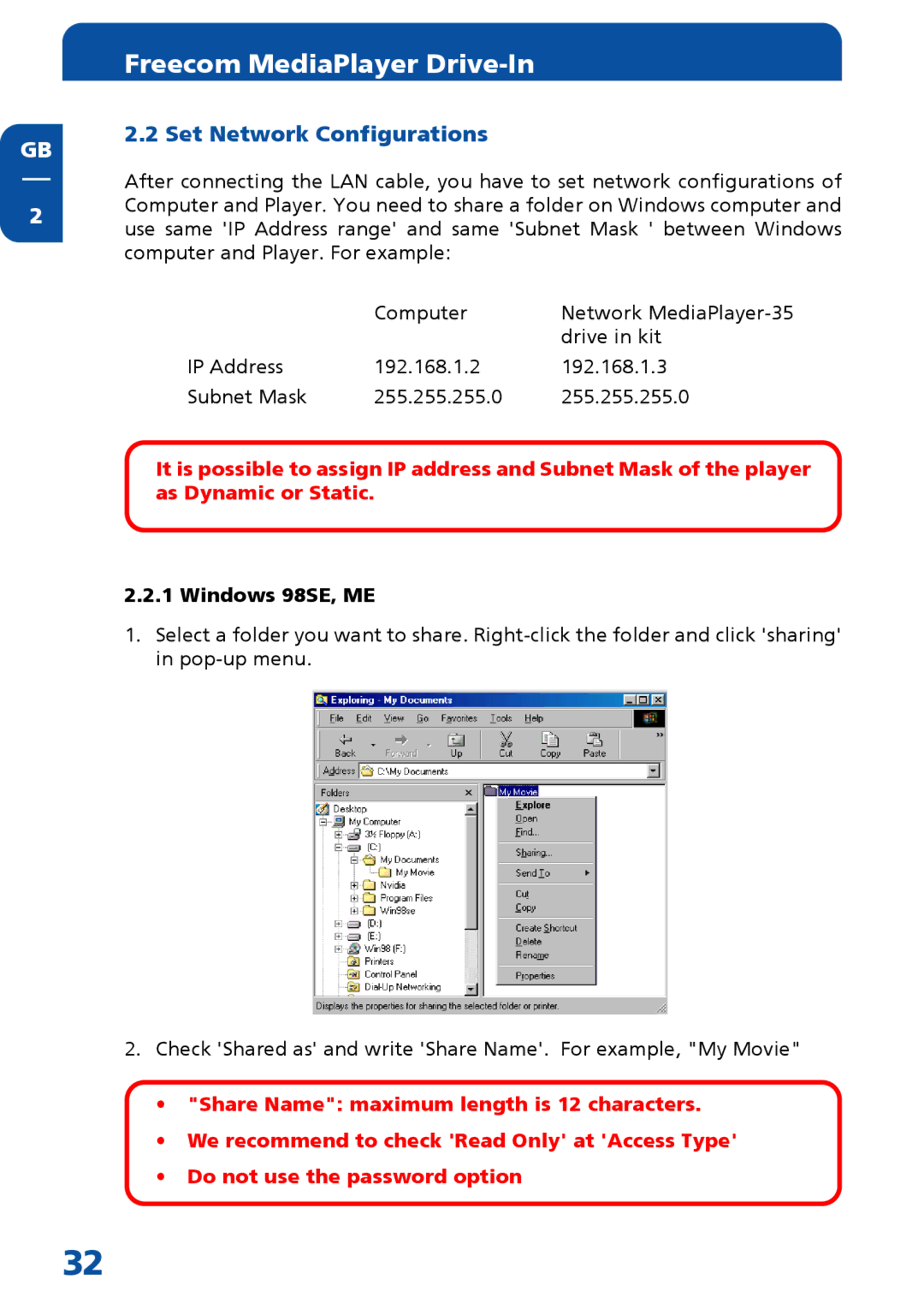 Freecom Technologies MediaPlayer Drive-In Kit manual Set Network Configurations, Windows 98SE, ME 