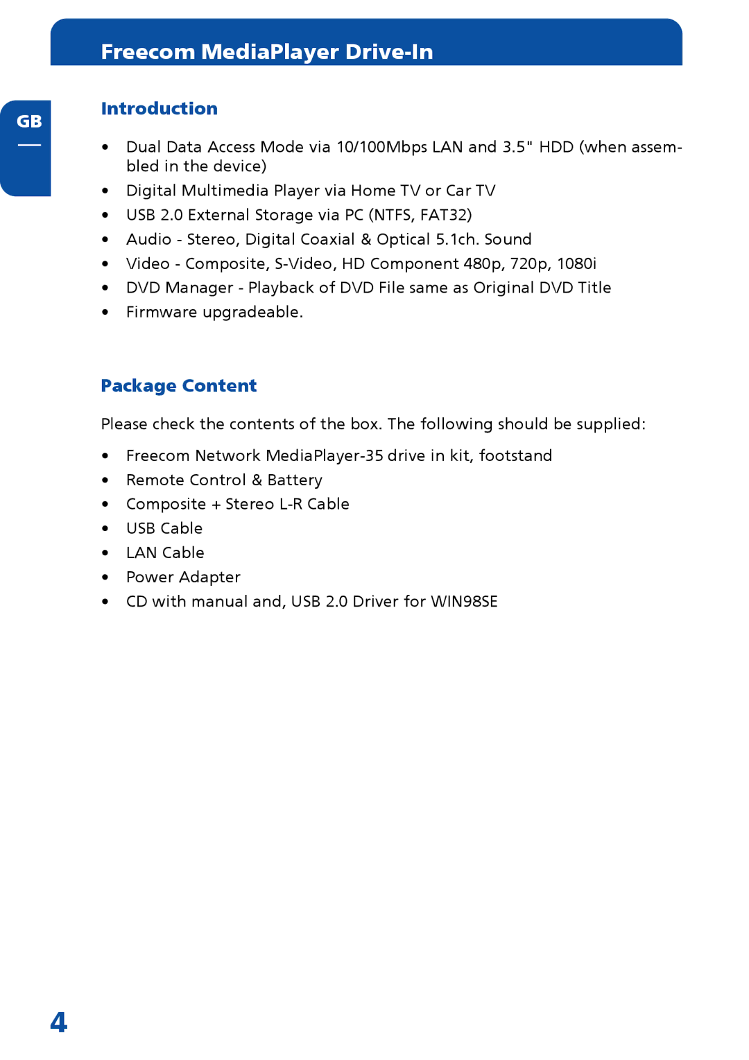 Freecom Technologies MediaPlayer Drive-In Kit manual Introduction, Package Content 