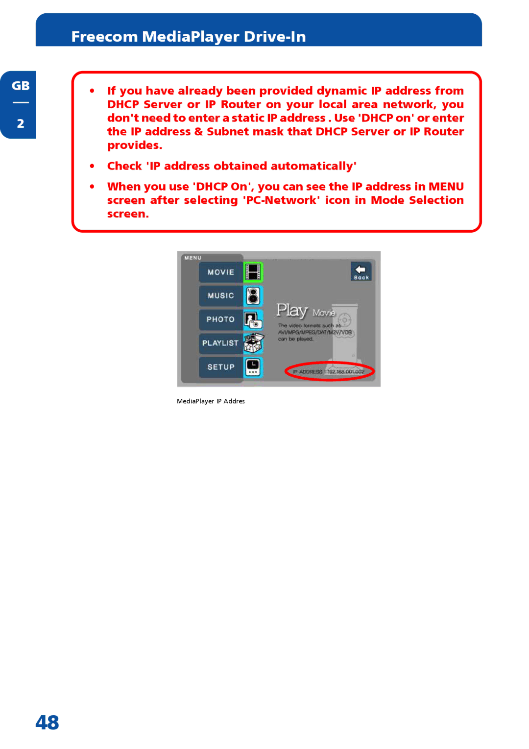 Freecom Technologies MediaPlayer Drive-In Kit manual MediaPlayer IP Addres 