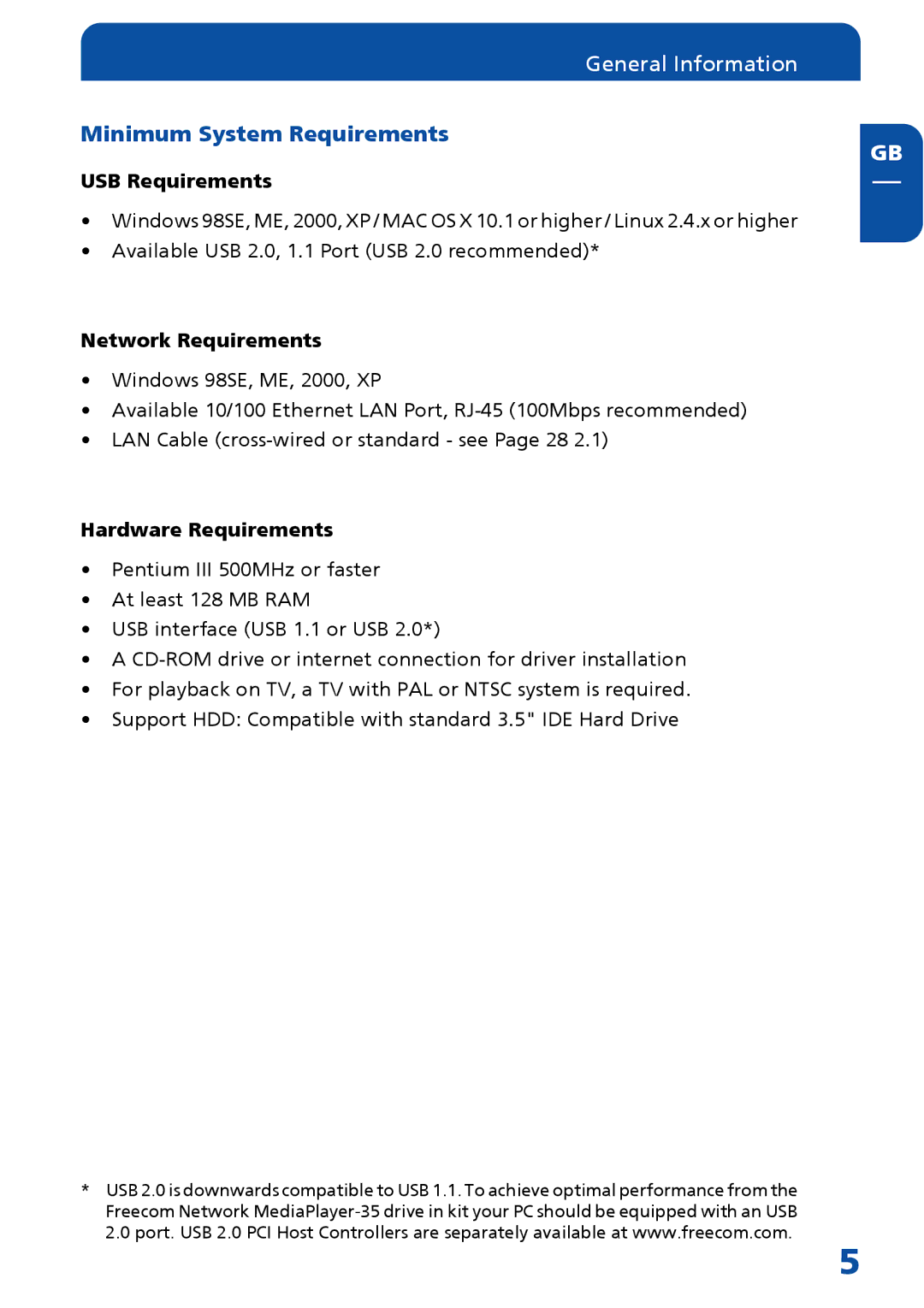 Freecom Technologies MediaPlayer Drive-In Kit manual Minimum System Requirements, USB Requirements, Network Requirements 