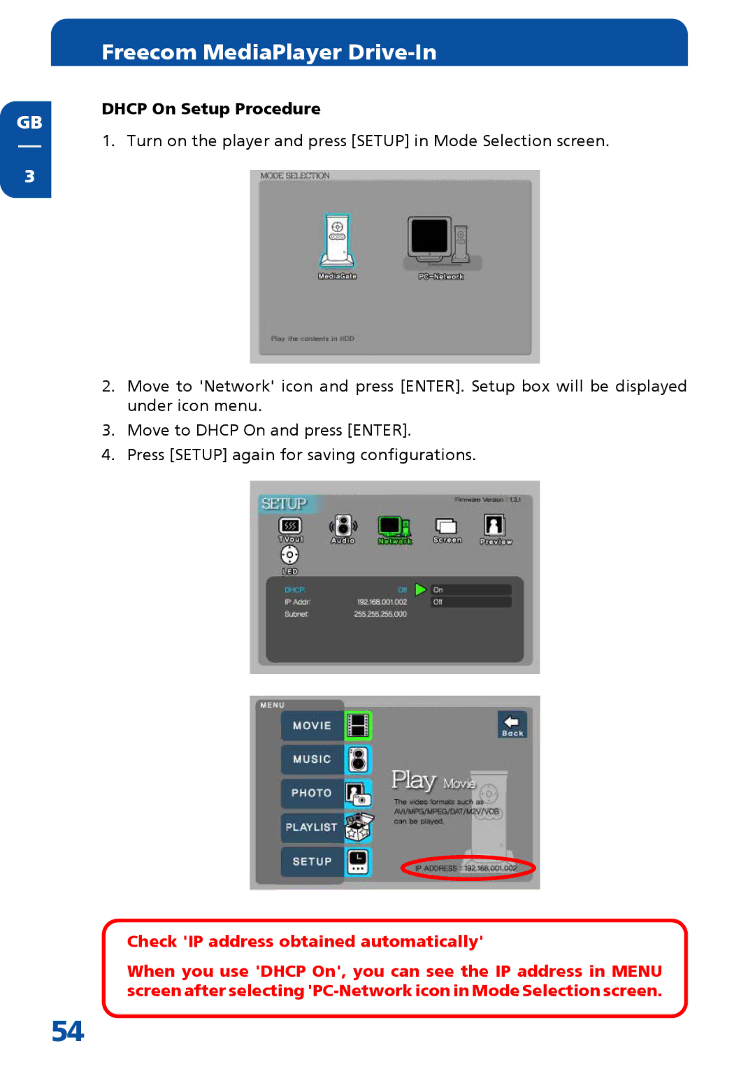 Freecom Technologies MediaPlayer Drive-In Kit manual Dhcp On Setup Procedure 