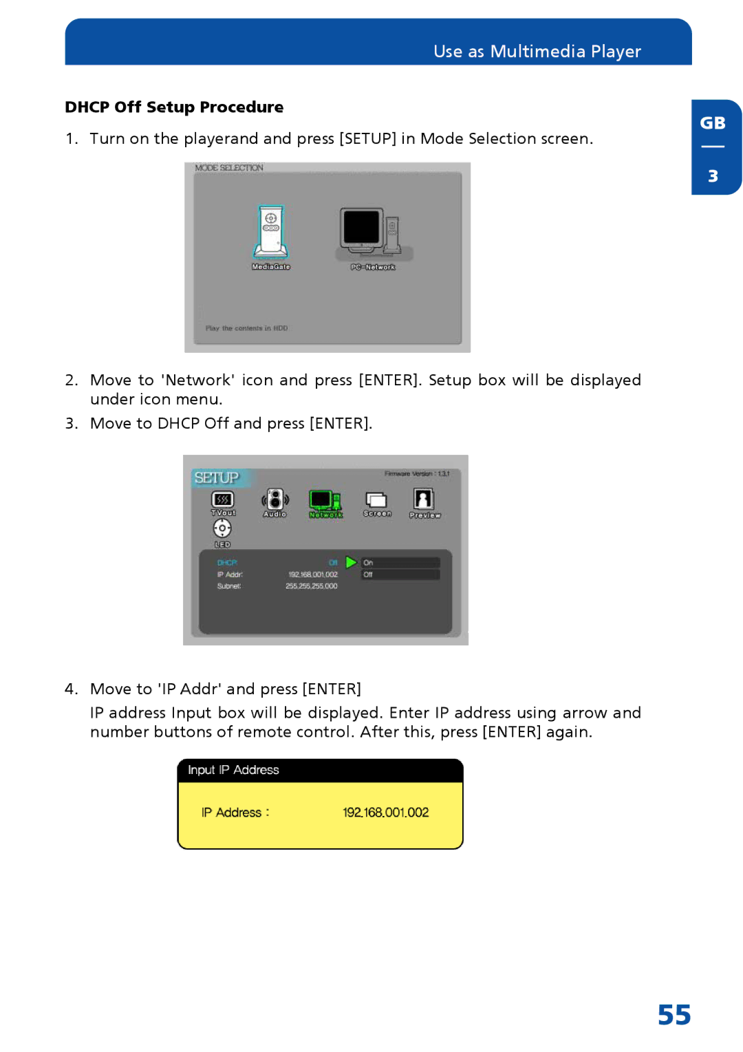 Freecom Technologies MediaPlayer Drive-In Kit manual Dhcp Off Setup Procedure 