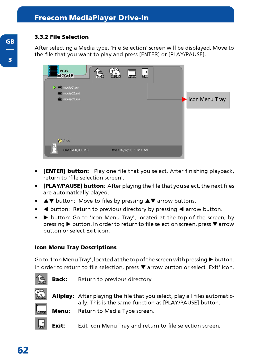 Freecom Technologies MediaPlayer Drive-In Kit manual File Selection, Icon Menu Tray Descriptions 