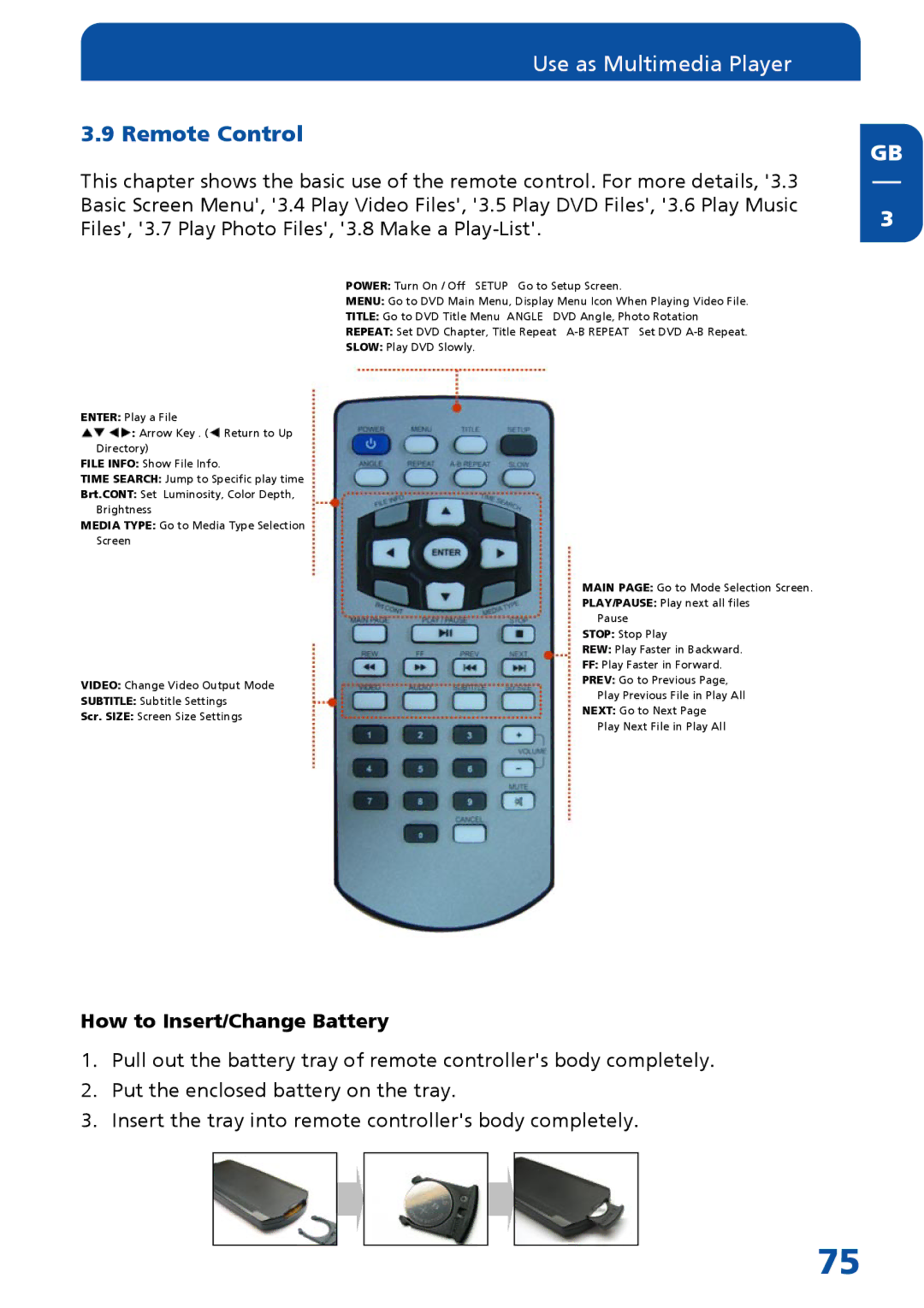 Freecom Technologies MediaPlayer Drive-In Kit manual Remote Control, How to Insert/Change Battery 