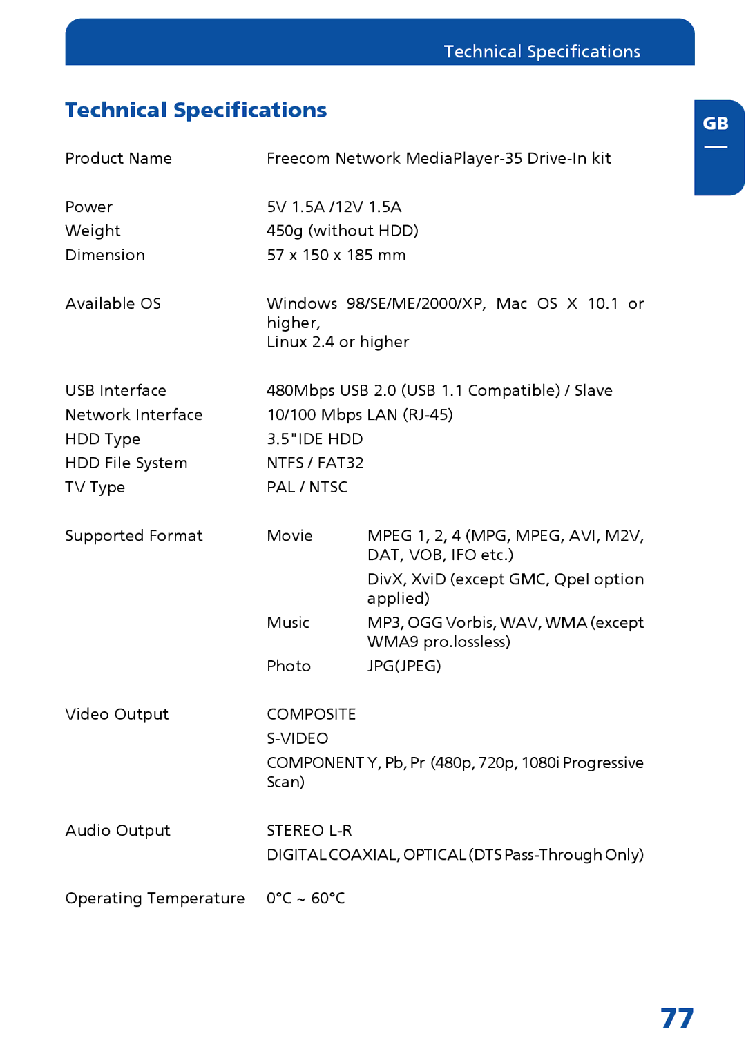 Freecom Technologies MediaPlayer Drive-In Kit manual Technical Specifications 