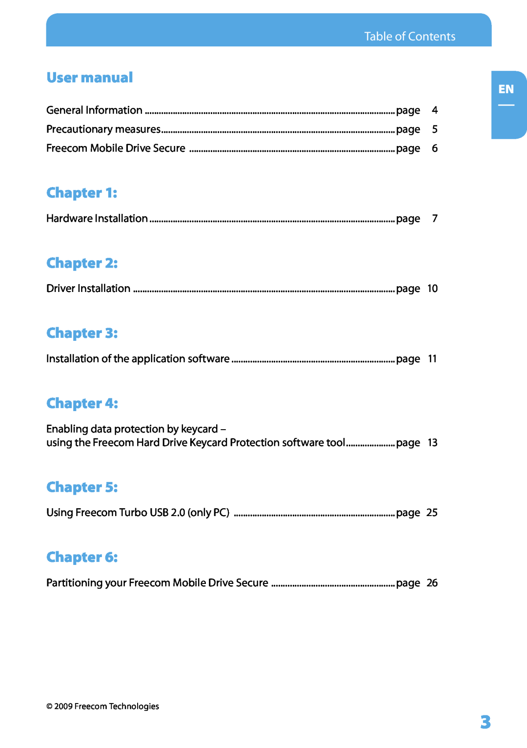 Freecom Technologies Mobile Drive Secure user manual User manual, Chapter, Table of Contents 