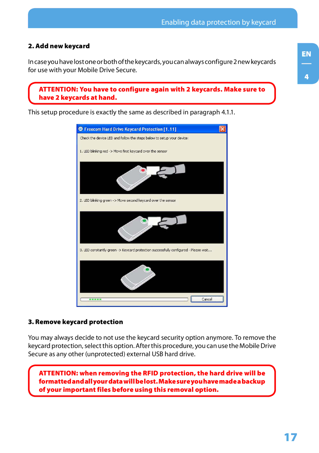 Freecom Technologies Mobile Drive Secure user manual Add new keycard, Remove keycard protection 