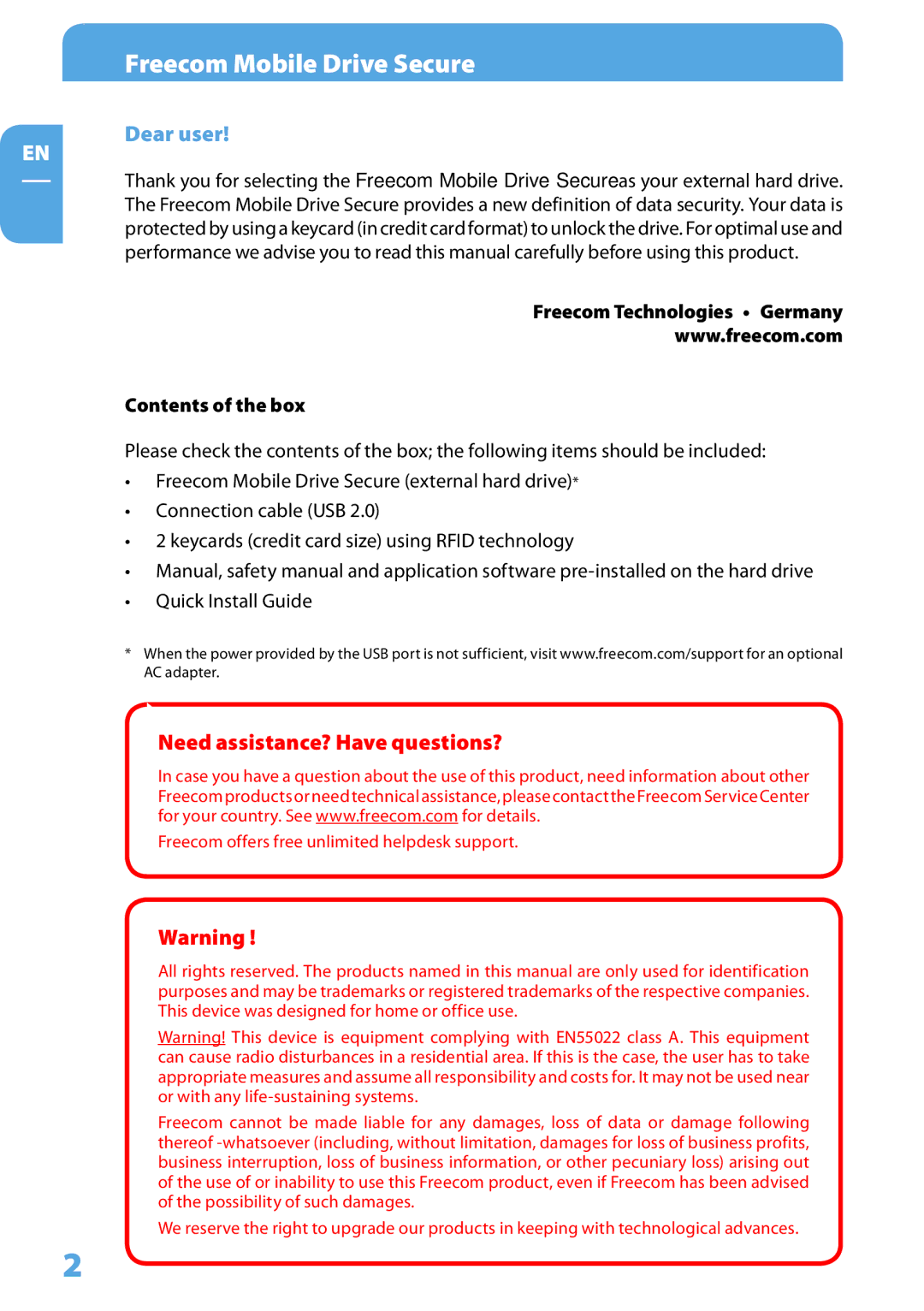 Freecom Technologies Mobile Drive Secure user manual Dear user, Freecom Technologies Germany Contents of the box 