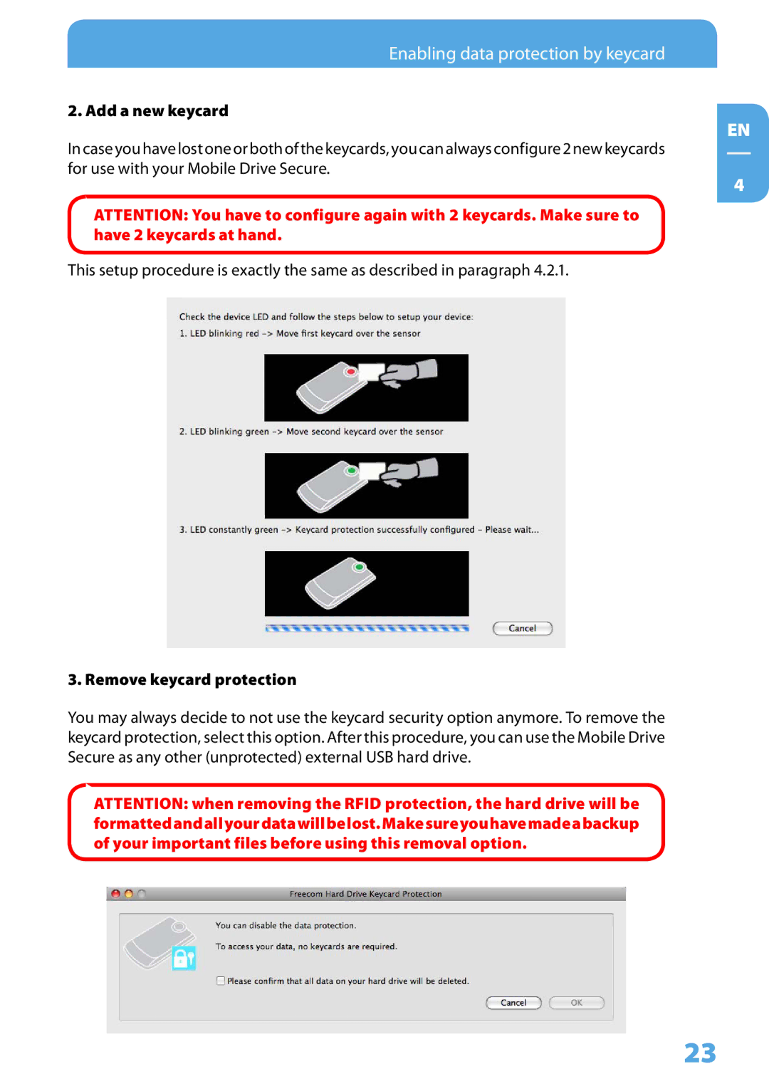 Freecom Technologies Mobile Drive Secure user manual Add a new keycard, Remove keycard protection 