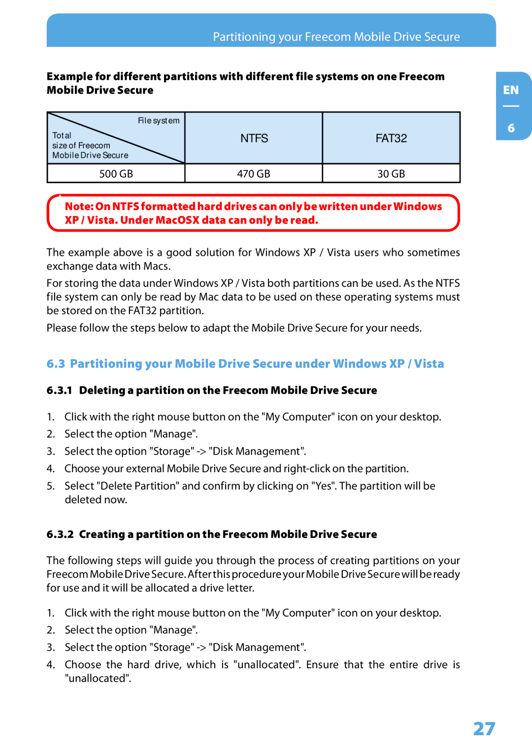 Freecom Technologies user manual 500 GB, Deleting a partition on the Freecom Mobile Drive Secure 