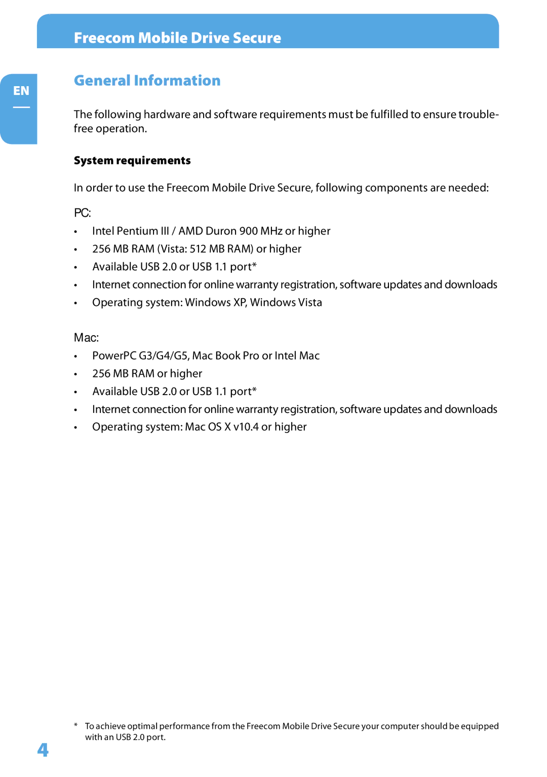 Freecom Technologies Mobile Drive Secure user manual General Information, System requirements, Mac 