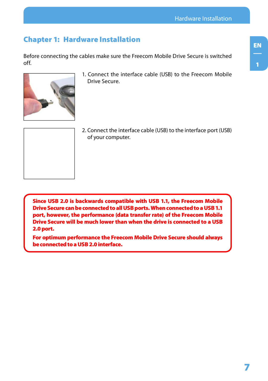 Freecom Technologies Mobile Drive Secure user manual Hardware Installation 