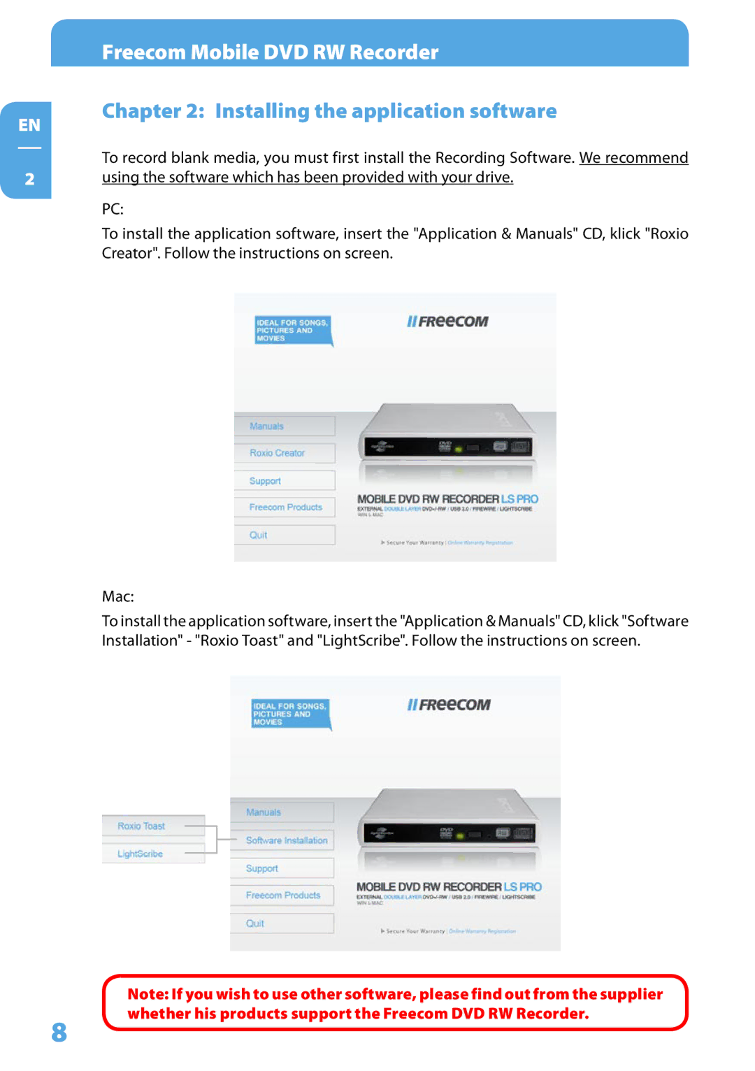 Freecom Technologies Mobile DVD RW Recorder LS PRO user manual Installing the application software 