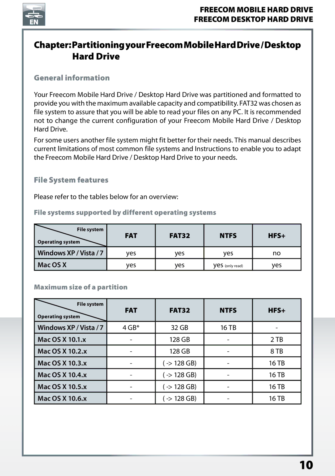 Freecom Technologies Mobile Hard Drives user manual General information, File System features, Maximum size of a partition 