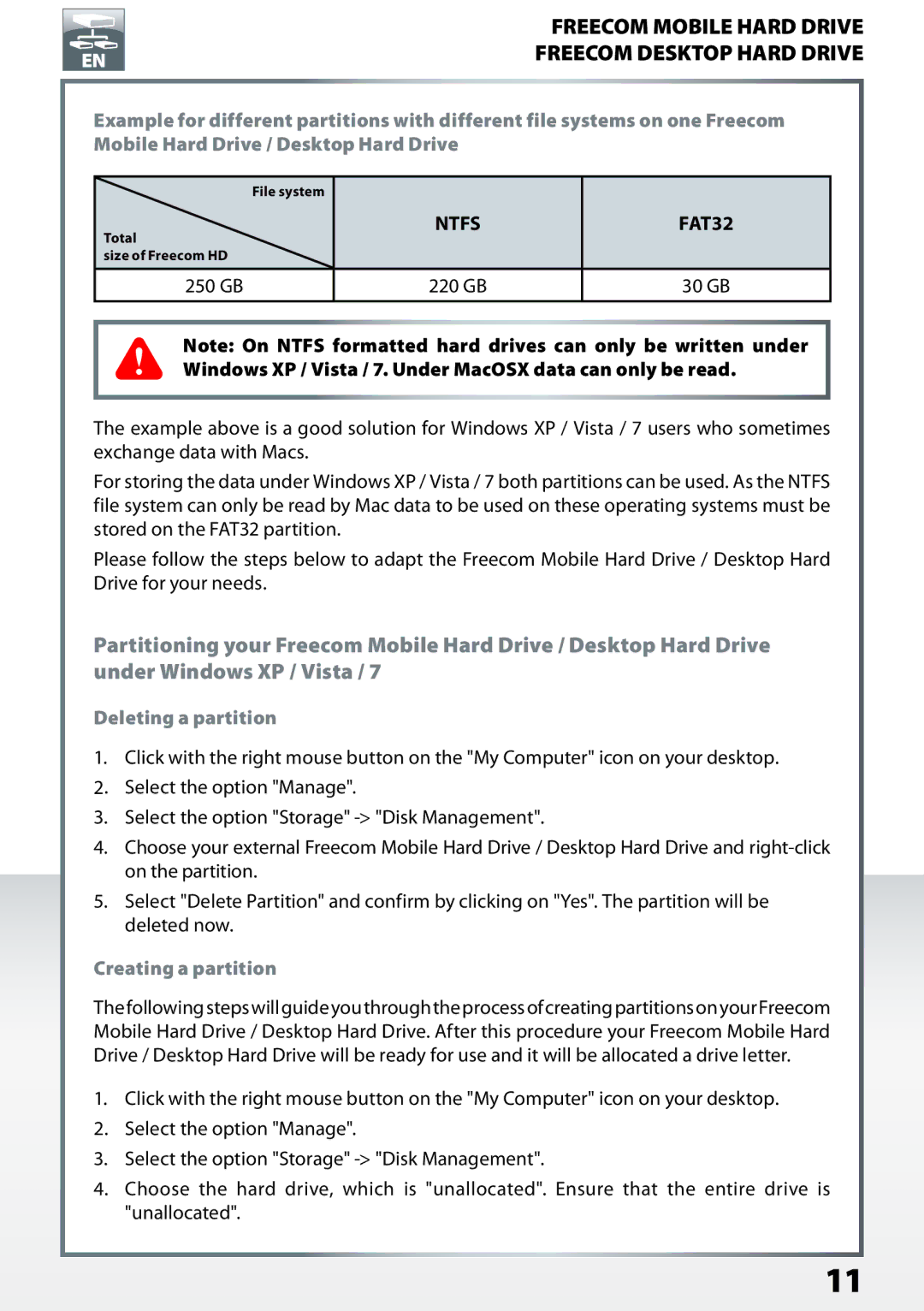 Freecom Technologies Desktop Hard Drives, Mobile Hard Drives user manual Deleting a partition, Creating a partition 