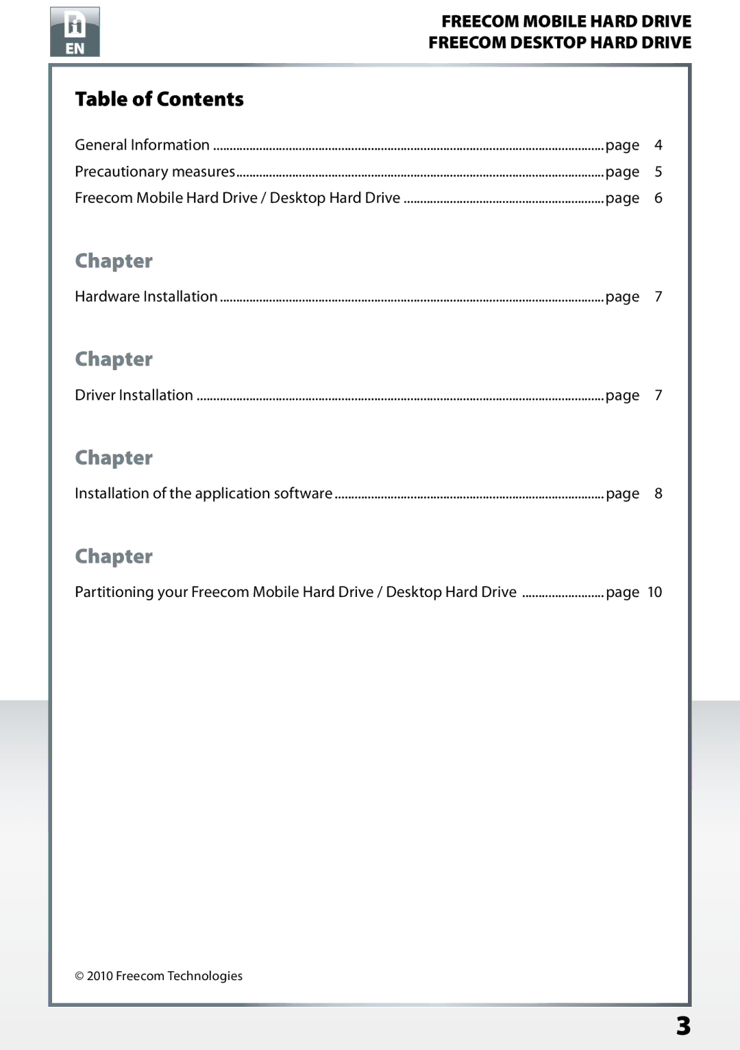 Freecom Technologies Desktop Hard Drives, Mobile Hard Drives user manual Table of Contents 