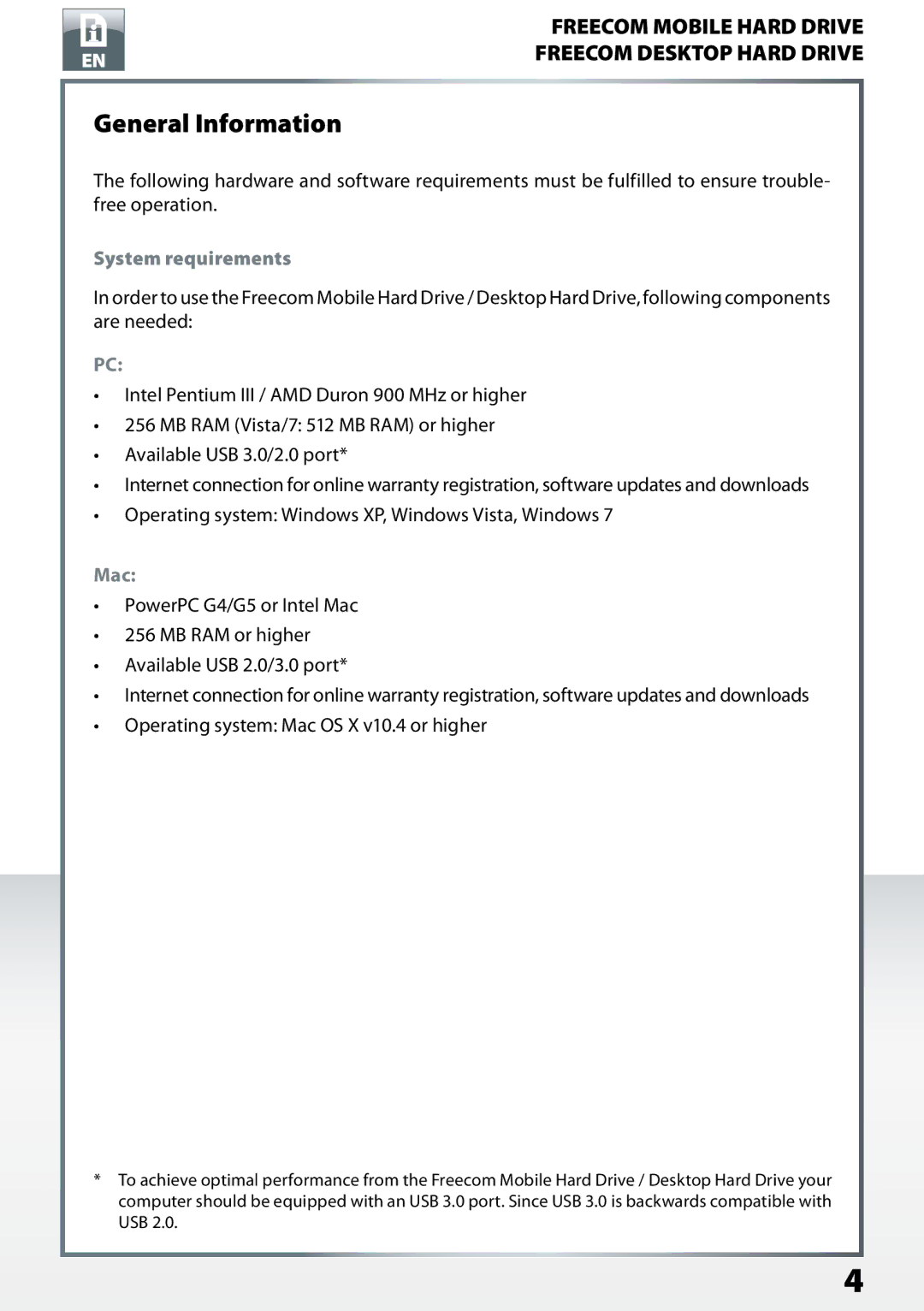 Freecom Technologies Mobile Hard Drives, Desktop Hard Drives user manual General Information, System requirements, Mac 