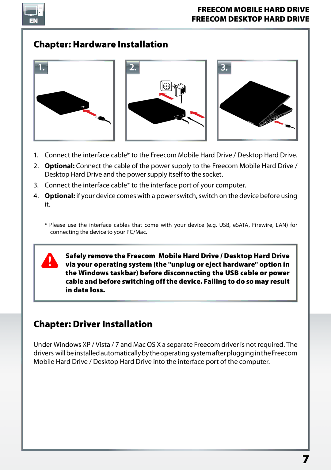 Freecom Technologies Desktop Hard Drives, Mobile Hard Drives Chapter Hardware Installation, Chapter Driver Installation 