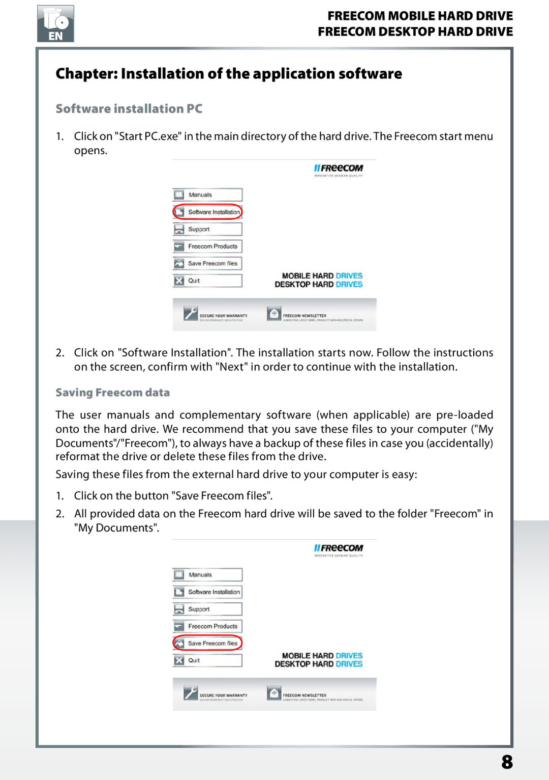 Freecom Technologies Mobile Hard Drives Chapter Installation of the application software, Software installation PC 