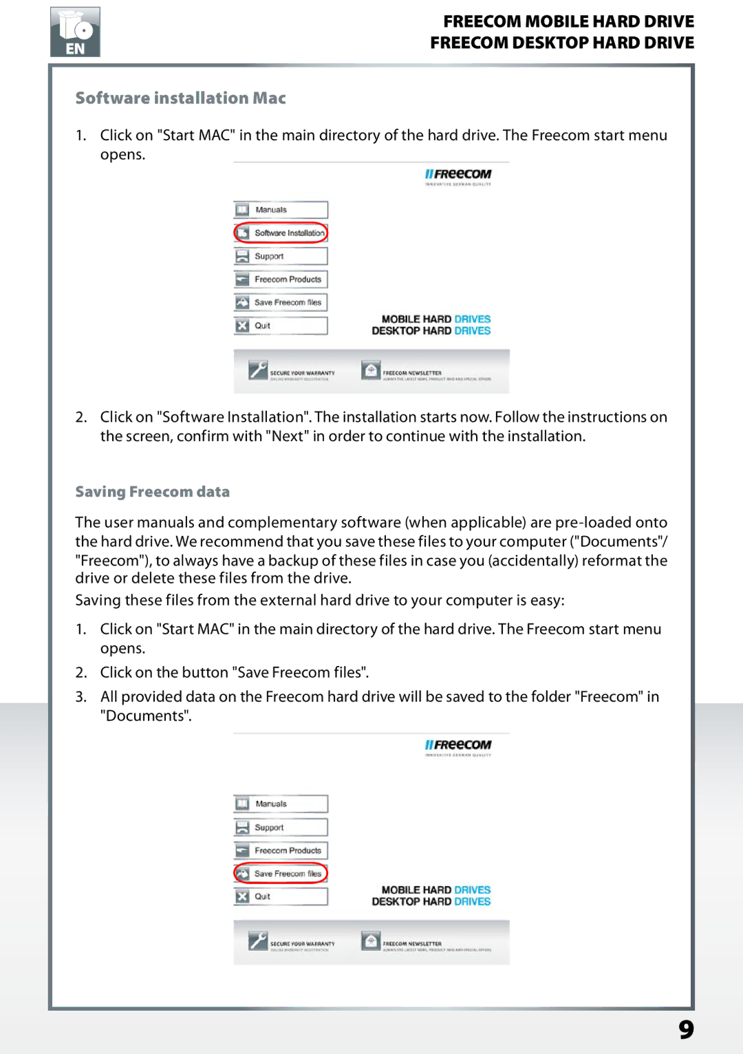 Freecom Technologies Desktop Hard Drives, Mobile Hard Drives user manual Software installation Mac 