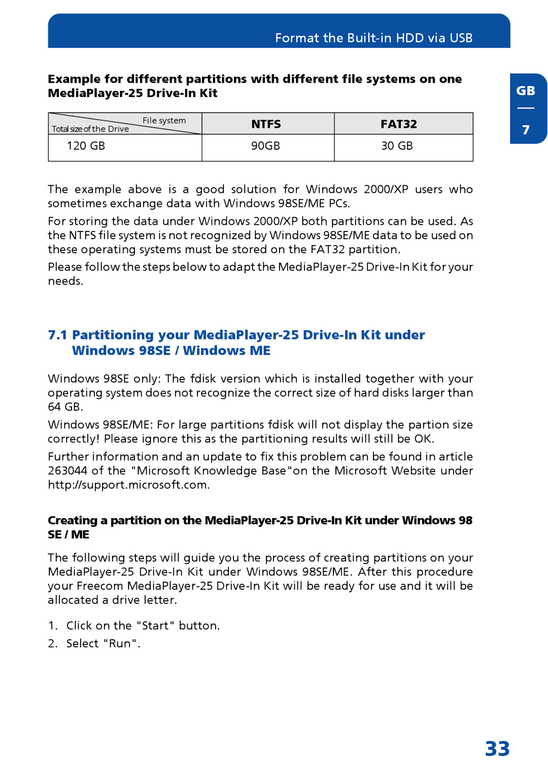 Freecom Technologies Multimedia Player manual Format the Built-in HDD via USB 