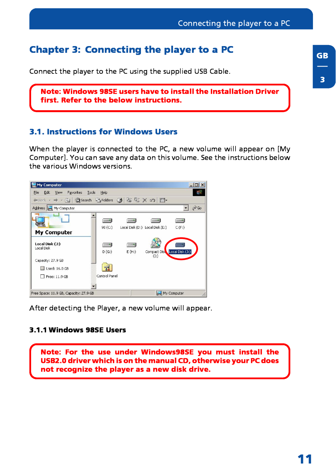 Freecom Technologies Multimedia Player Connecting the player to a PC, Instructions for Windows Users, Windows 98SE Users 