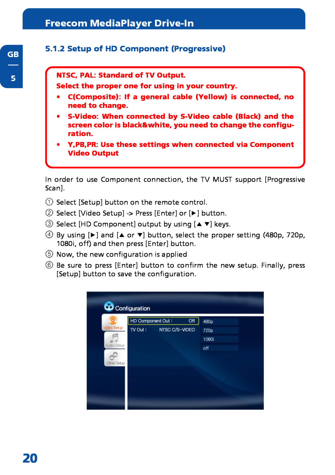 Freecom Technologies Multimedia Player manual Setup of HD Component Progressive, Freecom MediaPlayer Drive-In 