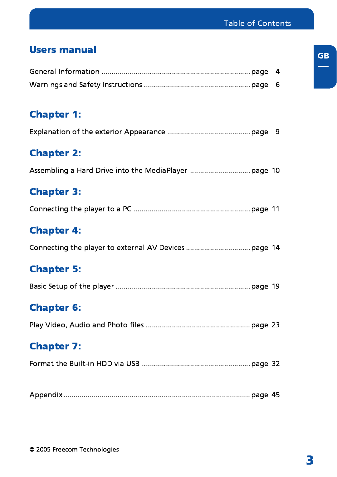 Freecom Technologies Multimedia Player Users manual, Chapter, Table of Contents 