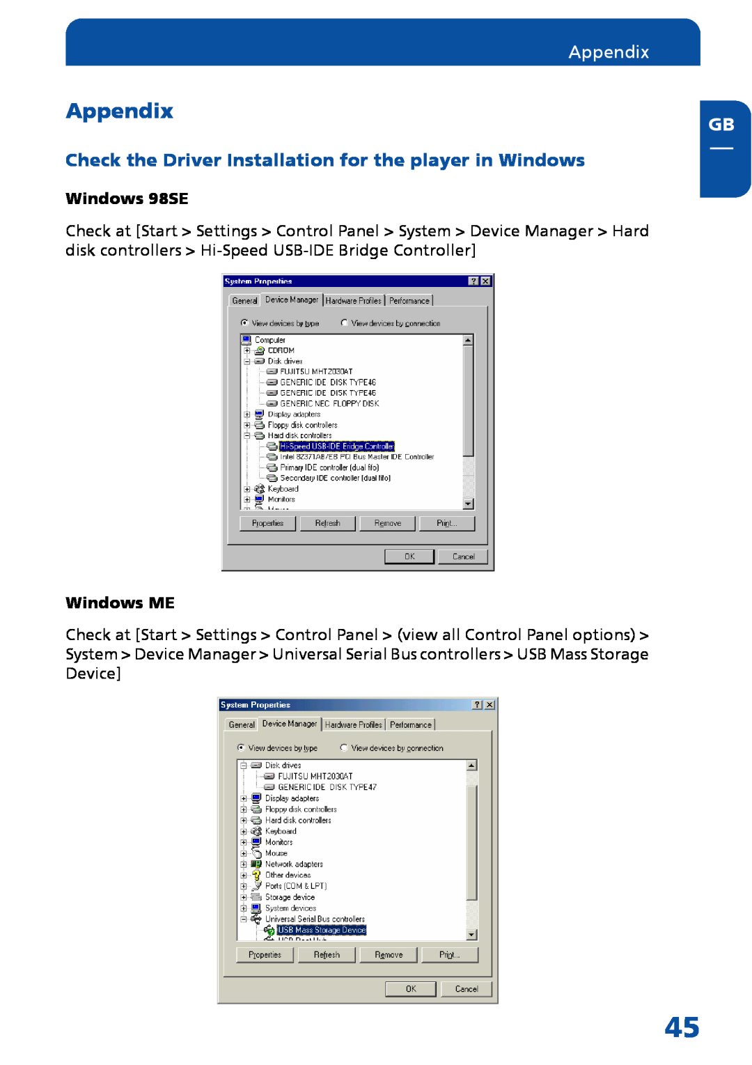 Freecom Technologies Multimedia Player Appendix, Check the Driver Installation for the player in Windows, Windows 98SE 