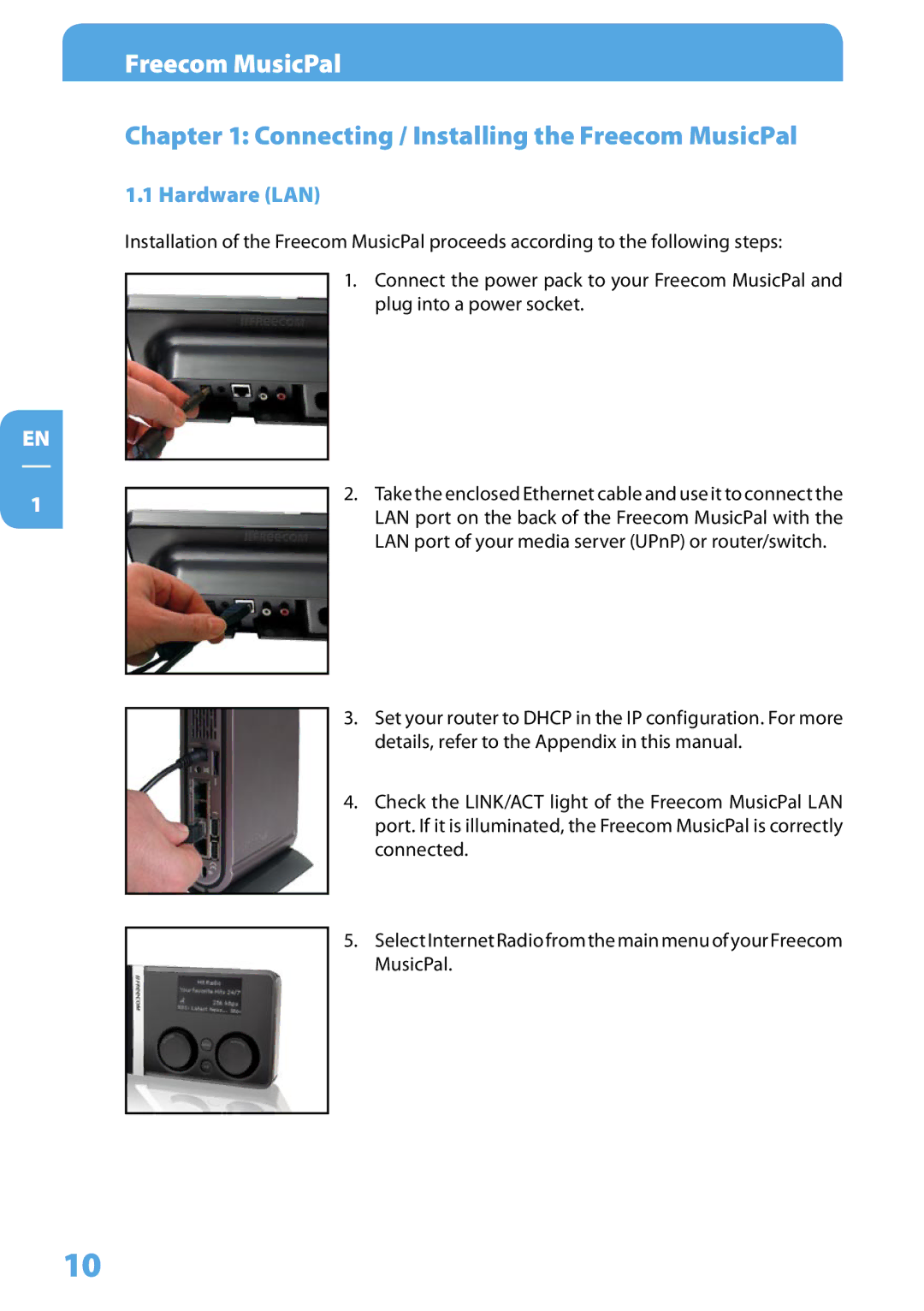 Freecom Technologies user manual Connecting / Installing the Freecom MusicPal, Hardware LAN 