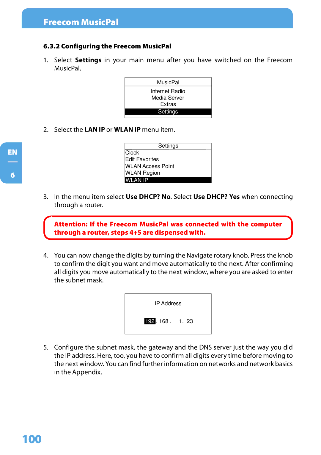 Freecom Technologies user manual 100, Configuring the Freecom MusicPal 