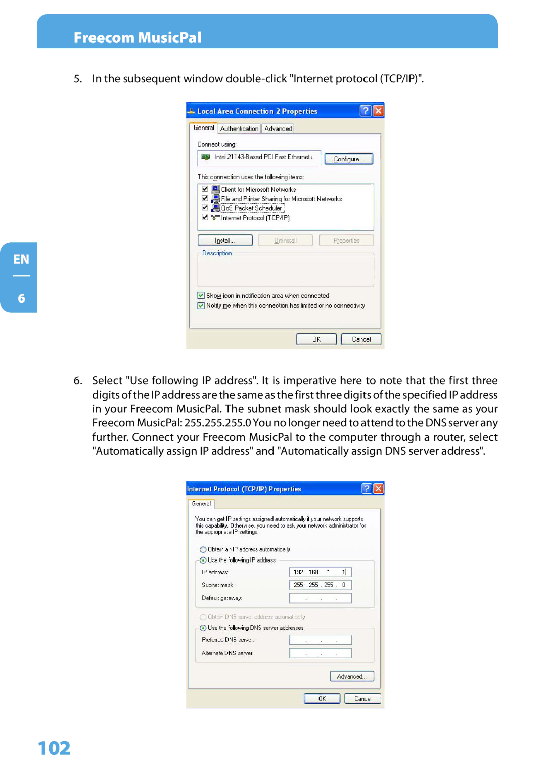 Freecom Technologies MusicPal user manual 102, Subsequent window double-click Internet protocol TCP/IP 