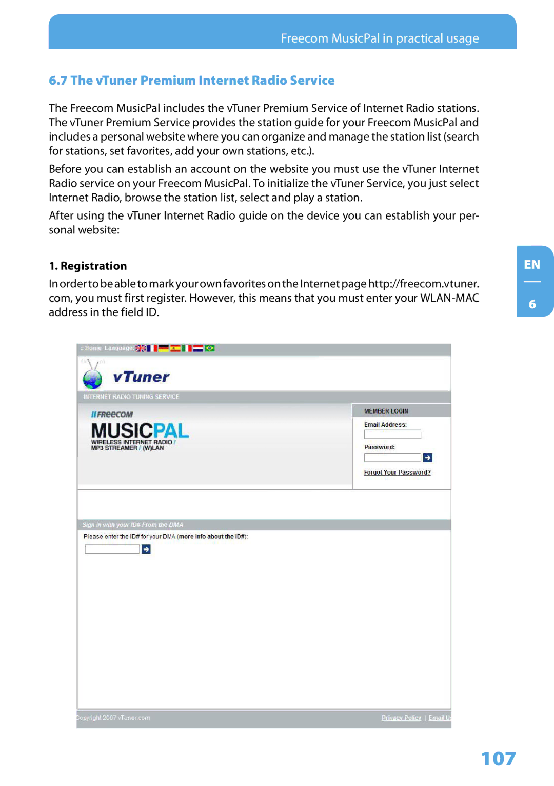 Freecom Technologies MusicPal user manual 107, VTuner Premium Internet Radio Service, Registration 