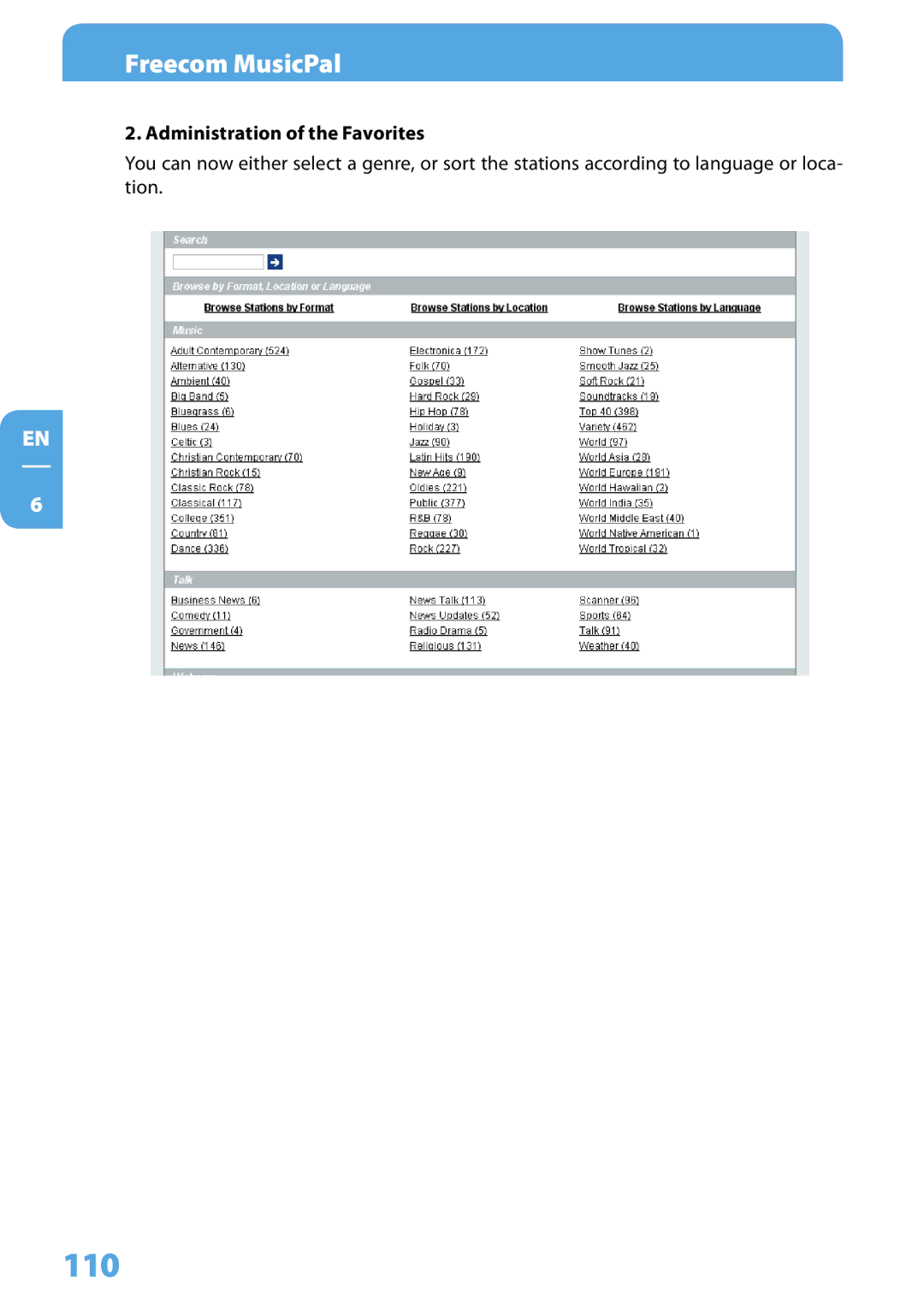 Freecom Technologies MusicPal user manual 110, Administration of the Favorites 