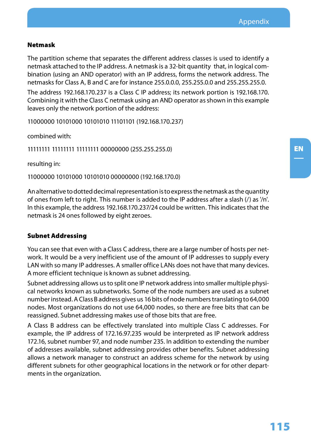 Freecom Technologies MusicPal user manual 115, Netmask, Subnet Addressing 