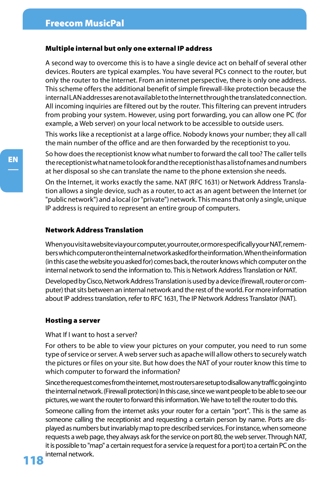 Freecom Technologies MusicPal user manual Multiple internal but only one external IP address, Network Address Translation 